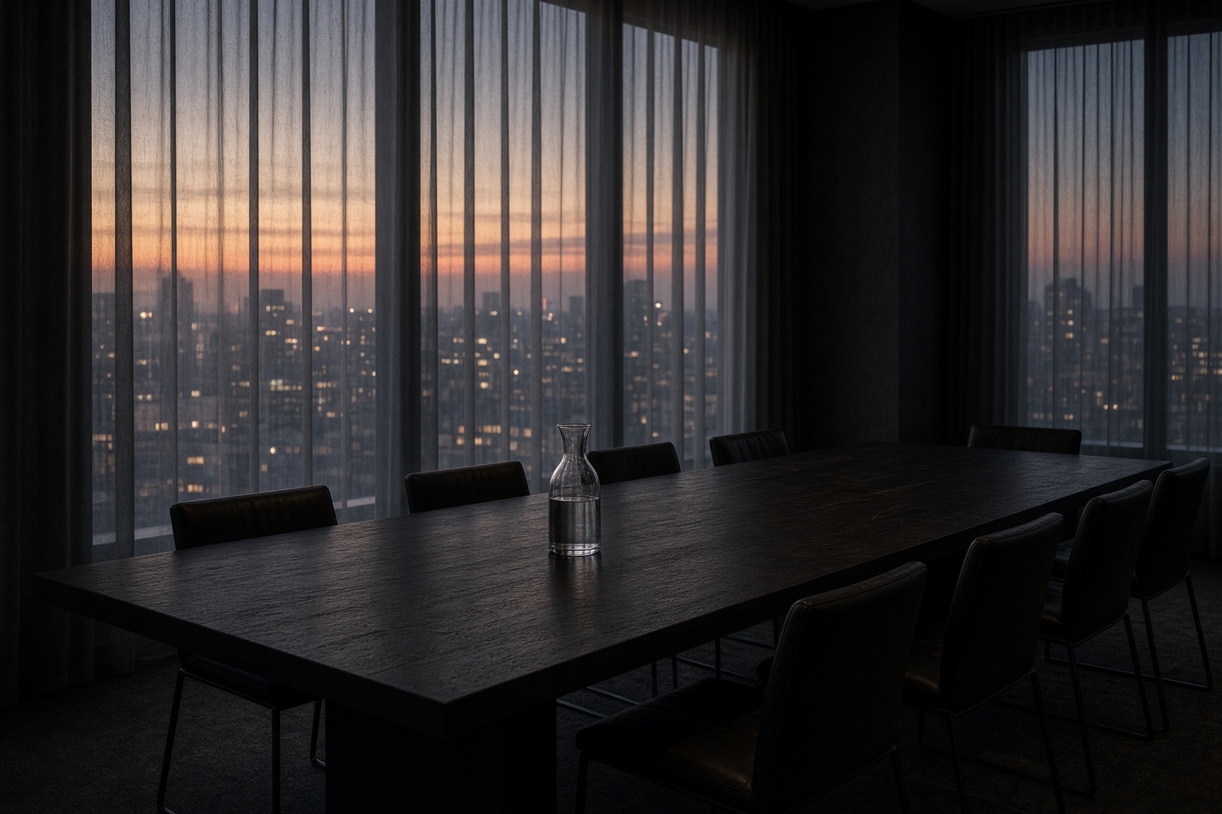 Empty contemporary boardroom at dusk with a long timber table