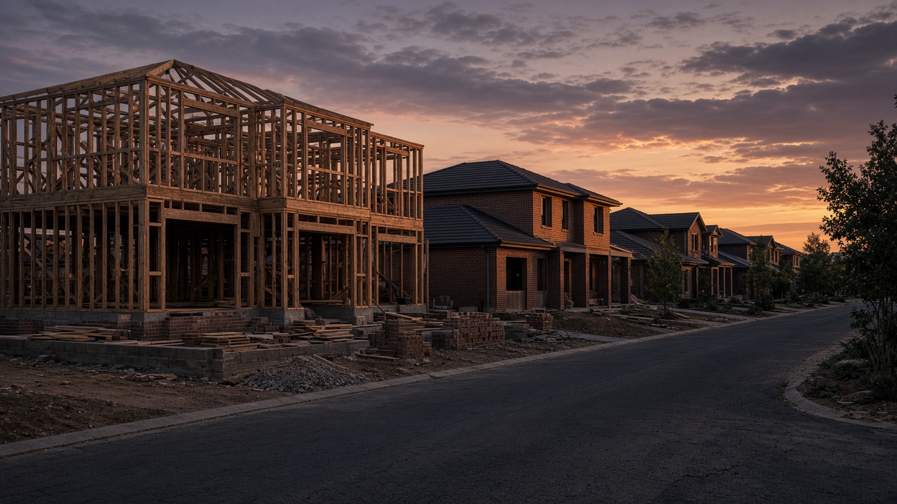 Australian residential housing under construction at dusk